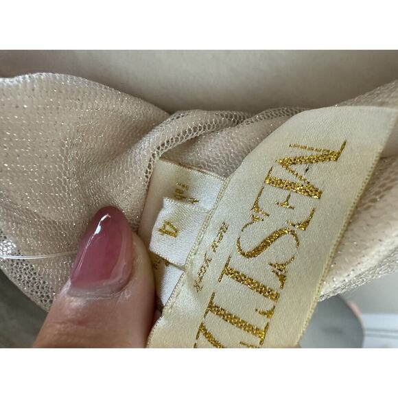 NWT Mestiza One Shoulder Mini Dress Metallic Iridescent Draped Ruched Champagne - Picture 10 of 12